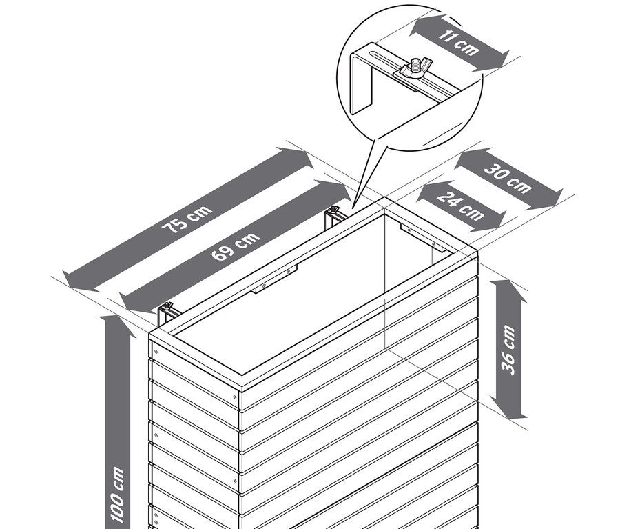 Schéma d'un bac à fleurs en bois avec les dimensions suivantes : 100 cm de haut, 75 cm de large et 30 cm de profondeur.