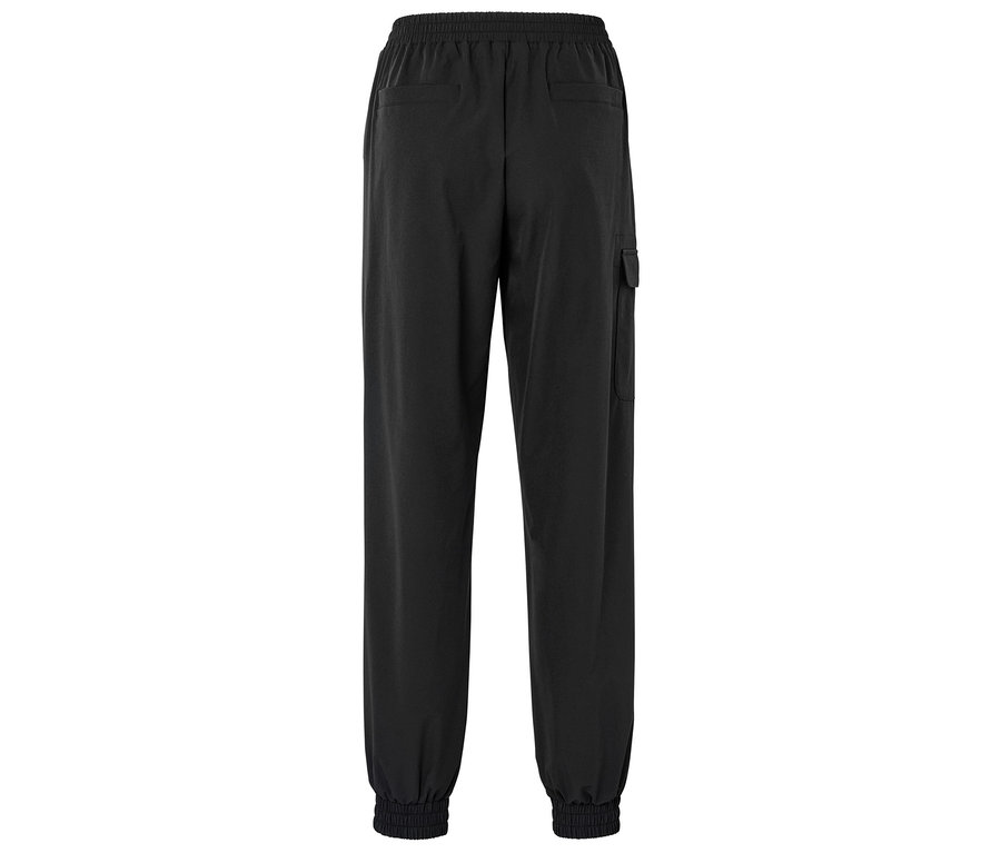 Pantalon de survêtement noir avec taille élastique et une poche cargo, vue arrière.