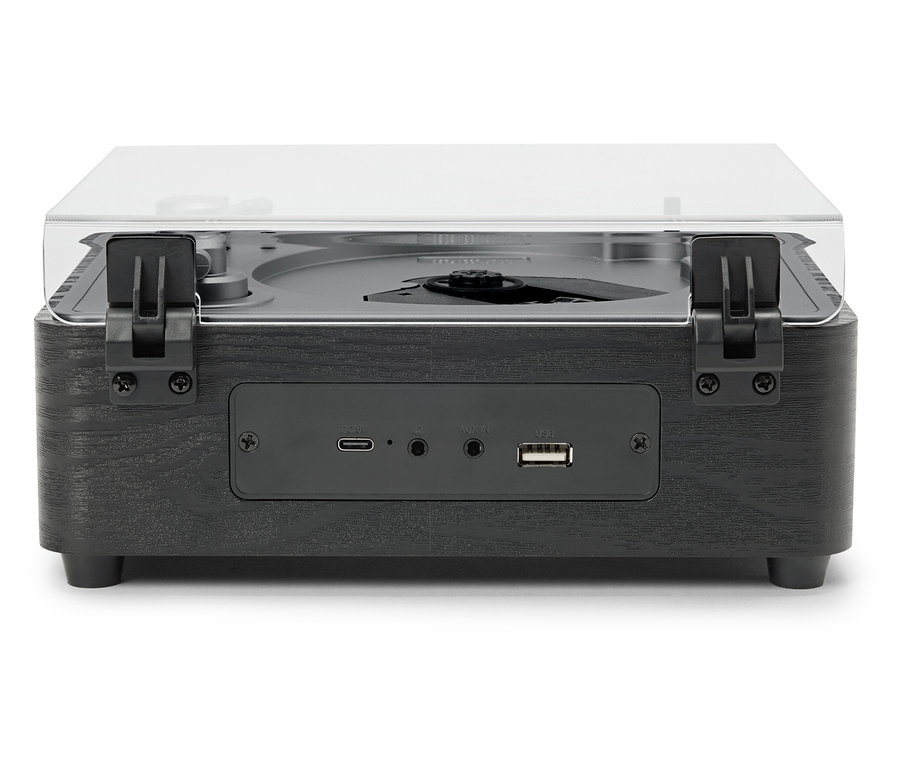 Vue de face d'un haut-parleur CD/Bluetooth® avec un couvercle transparent légèrement ouvert.