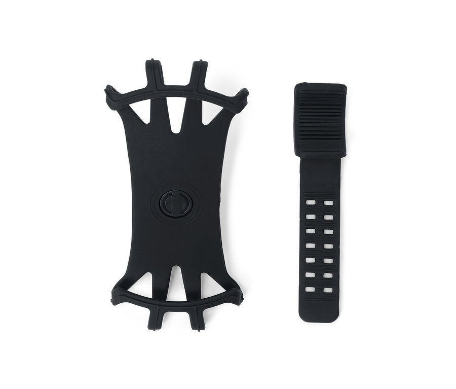 Support de smartphone noir pour vélo et une bande sur fond blanc.