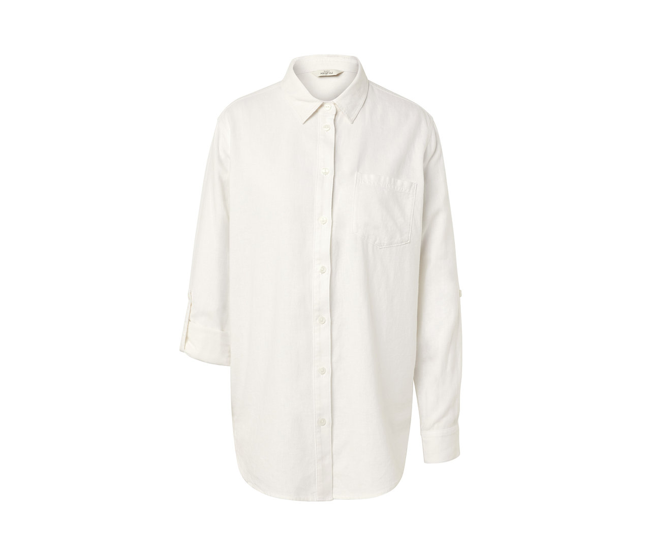 Blouse longue en lin blanche avec boutons et poche poitrine.