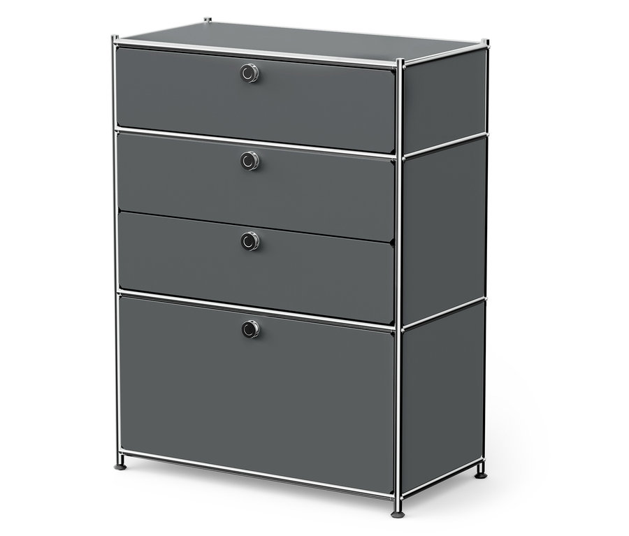 Commode grise à quatre tiroirs avec détails argentés.