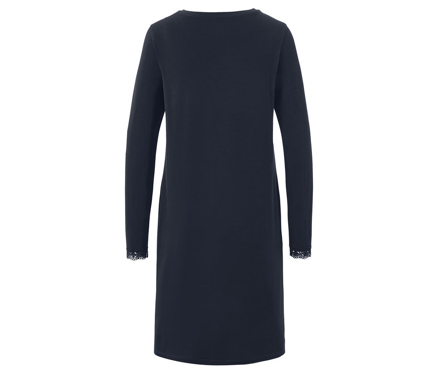 Robe bleu marine à manches longues avec poignets en dentelle.
