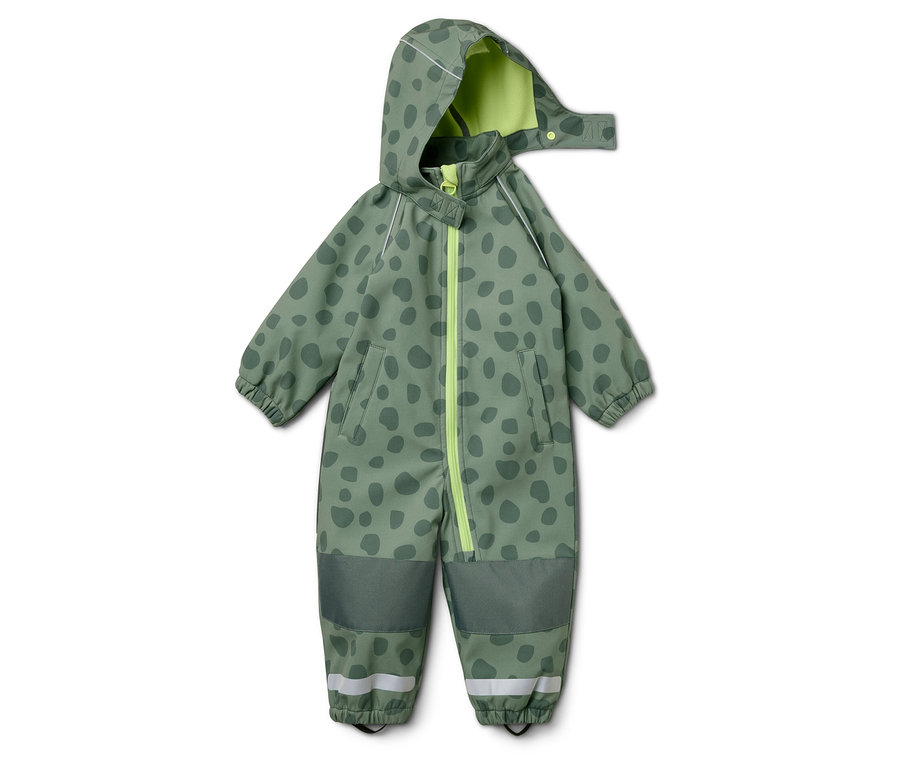 Combinaison verte à capuche avec des taches vert foncé et une fermeture éclair vert néon sur fond blanc.