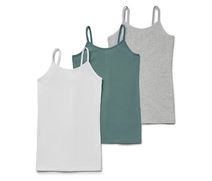 Trois débardeurs : blanc, vert et gris.