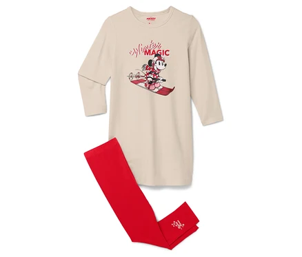 Chemise de nuit beige à manches longues et leggings rouges avec imprimé Minnie Mouse.