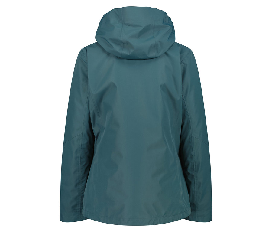 Vue arrière d'une veste à capuche bleu pétrole.