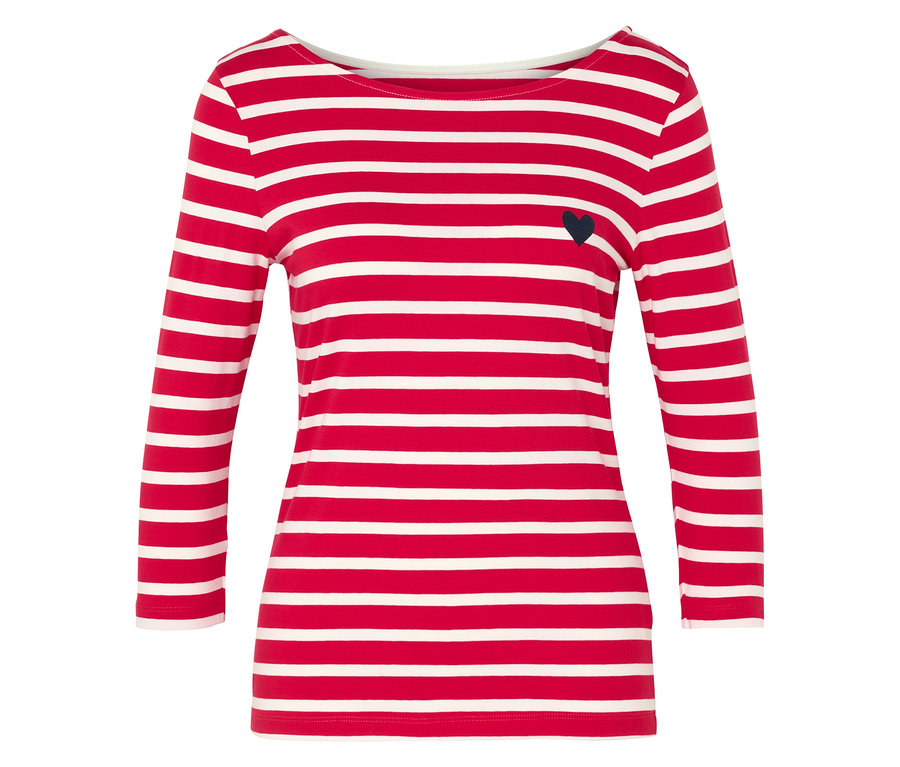 T-shirt à manches longues rayé rouge et blanc avec un petit cœur noir.