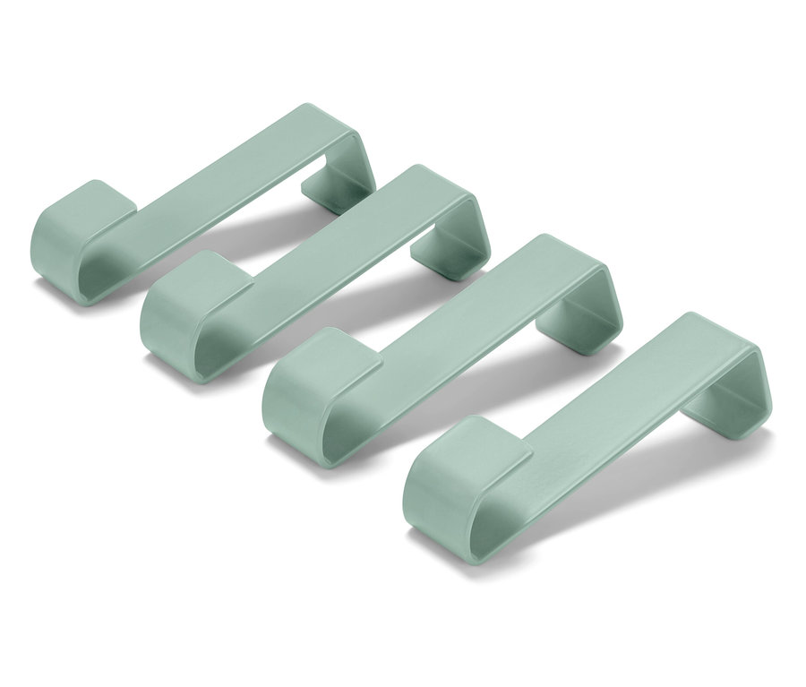 Quatre crochets de porte verts.