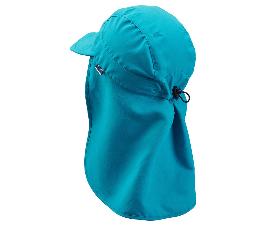Casquette turquoise JAKO-O avec protège-nuque, vue de côté.