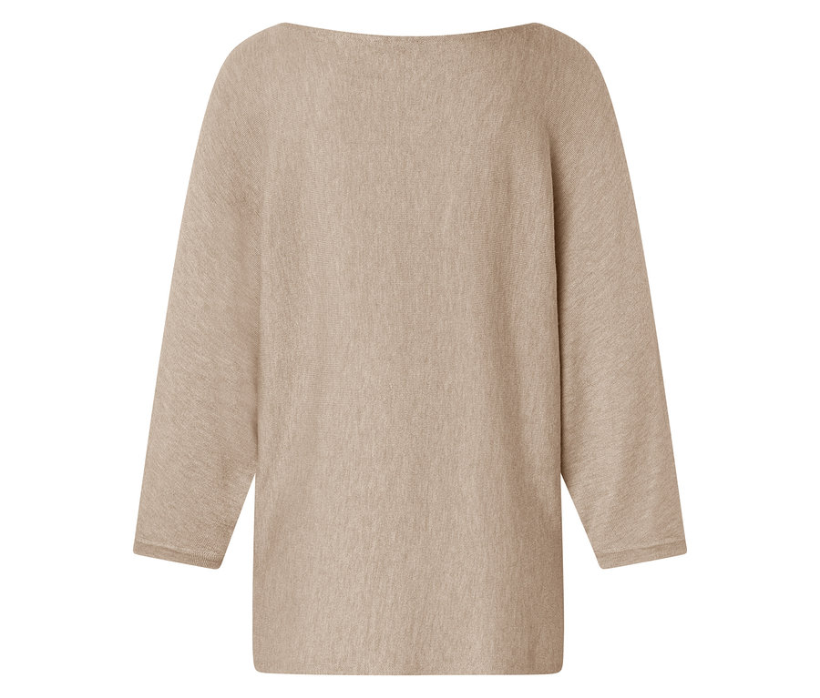 Vue arrière d'un pull en tricot beige avec une encolure large et des manches trois-quarts.