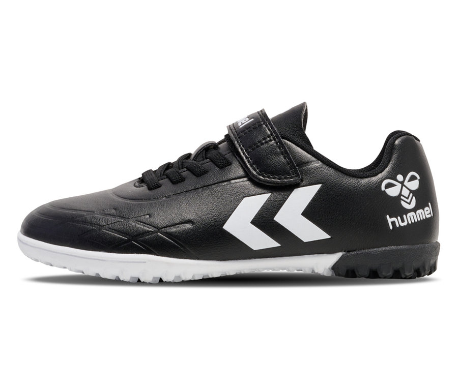 Chaussure de football noire hummel® Top Star Turf JR avec logo blanc et fermeture velcro.