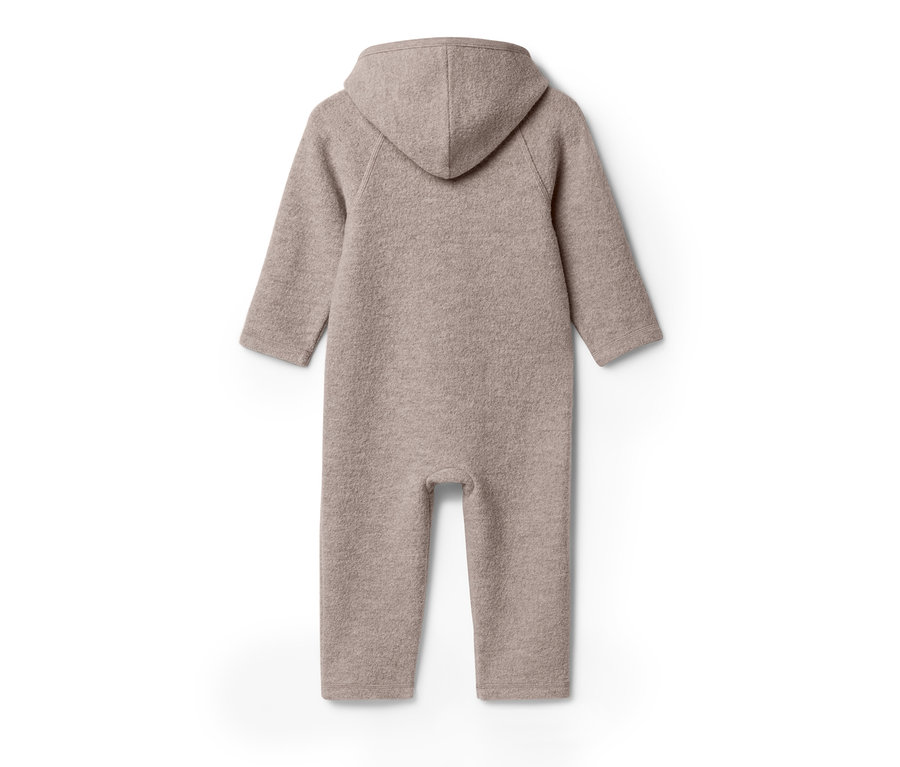 Combinaison en laine feutrée beige avec capuche, photographiée de dos.