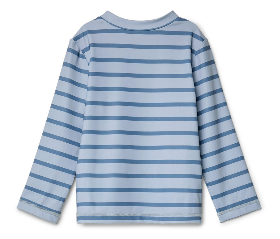 Chemise à manches longues rayée bleue, photographiée de dos.