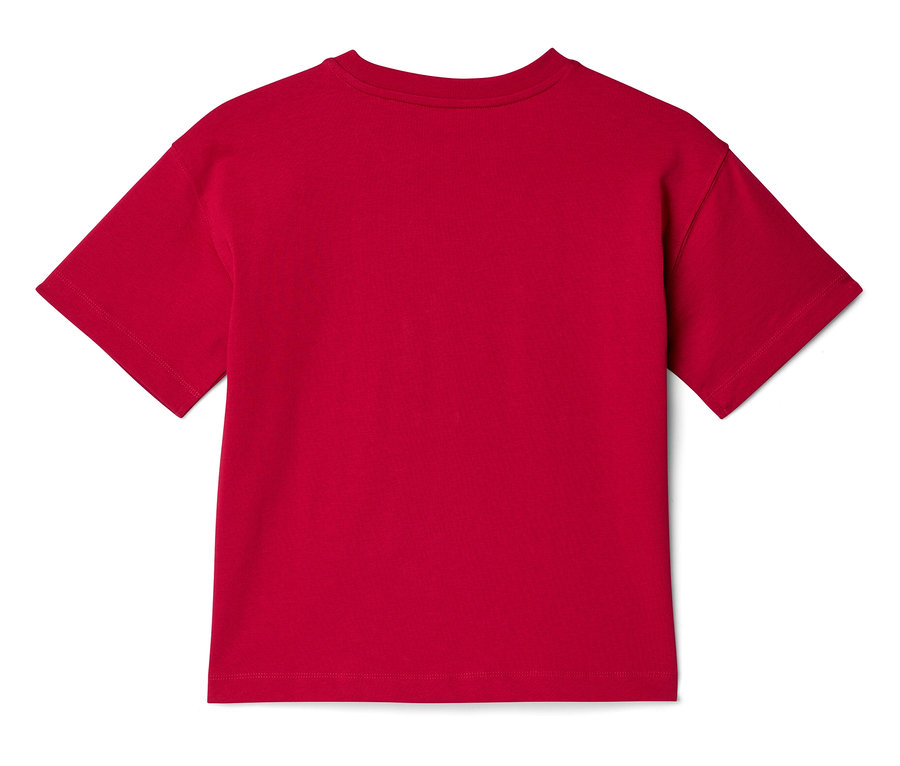 Vue arrière d'un t-shirt rouge à manches courtes.