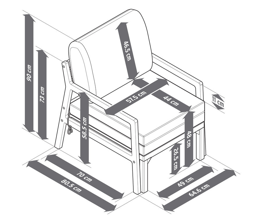 Schéma détaillé d'un fauteuil de jardin extensible avec ses dimensions.