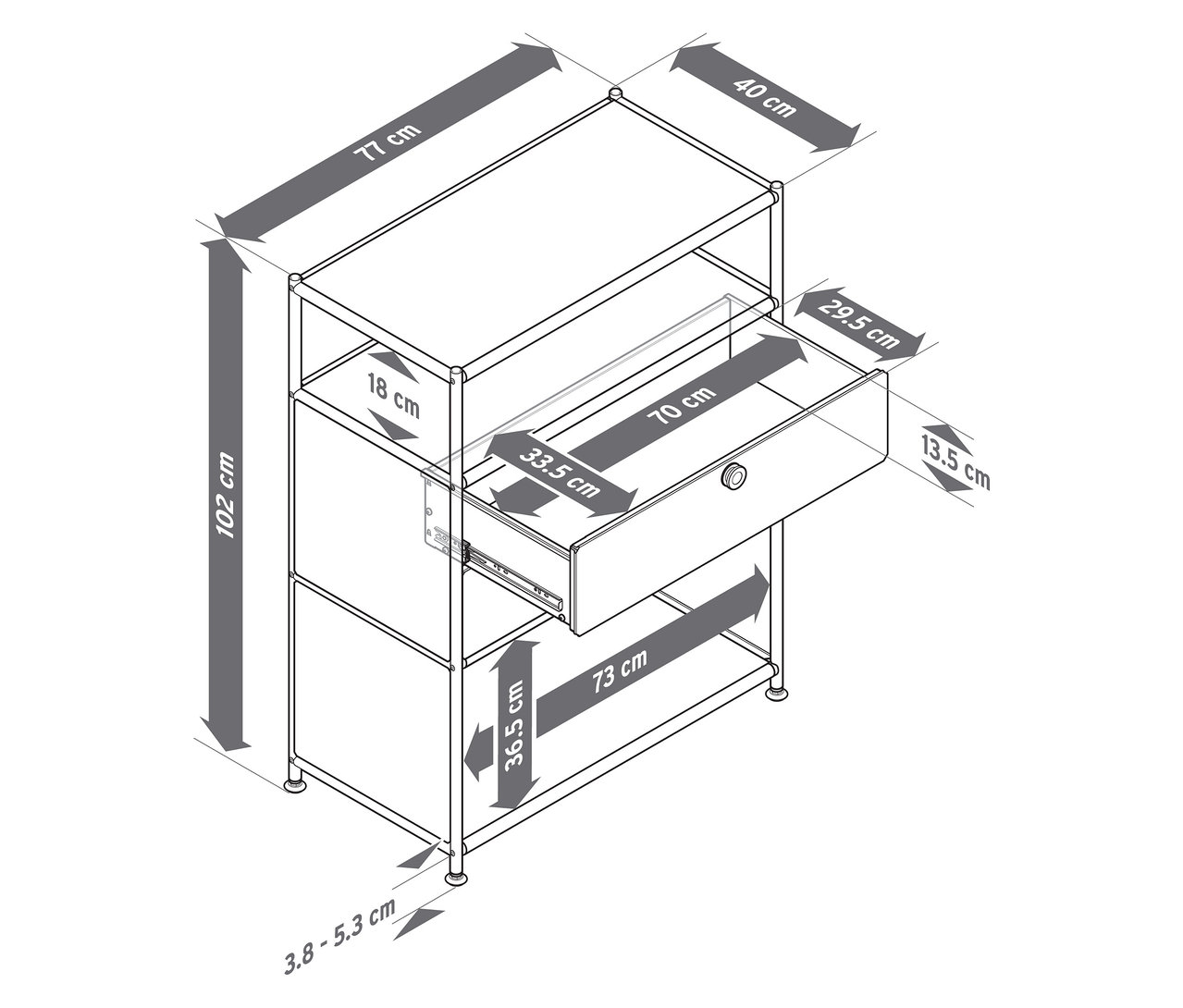 Vue de dessus d'une commode en métal « CN3 » avec 2 tiroirs et dimensions.