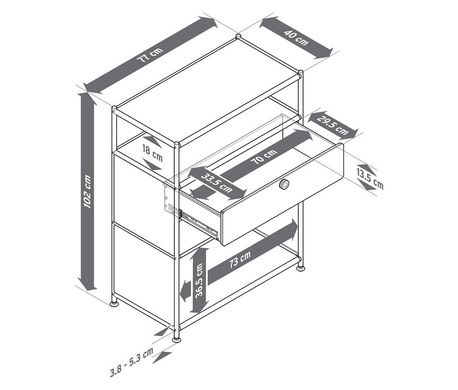 Vue de dessus d'une commode en métal « CN3 » avec 2 tiroirs et dimensions.