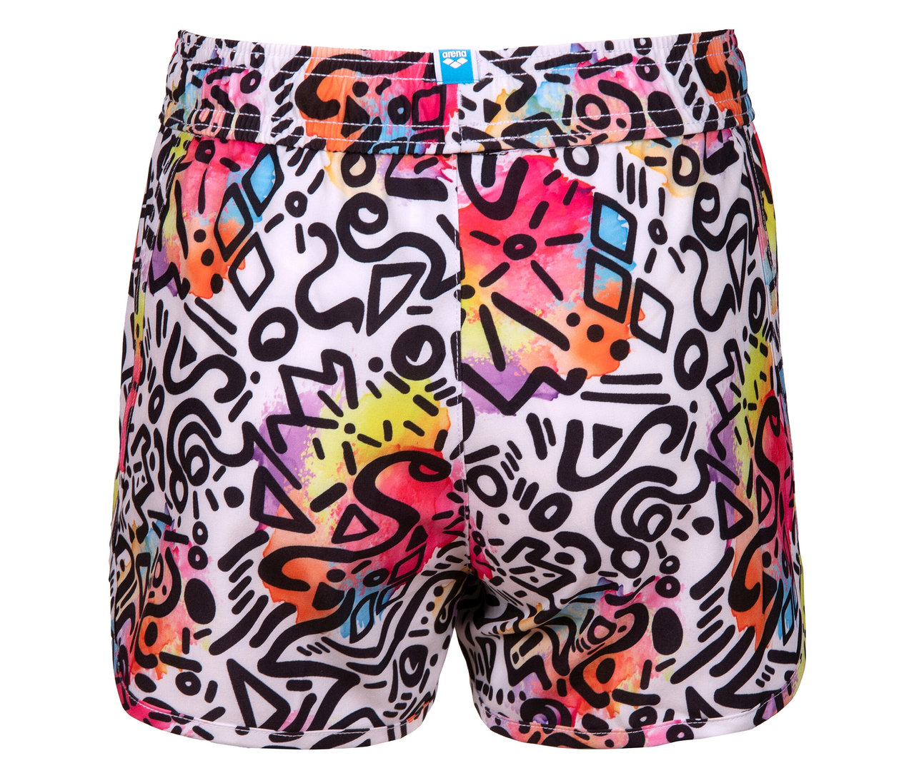 Maillot de bain avec motif abstrait en noir, rose, jaune et bleu.
