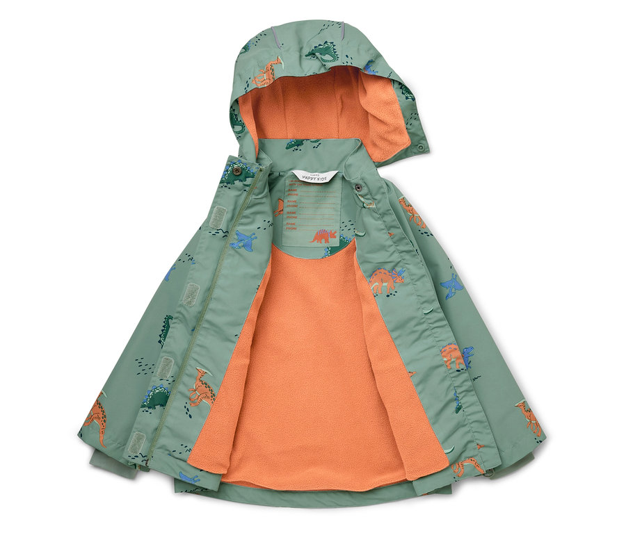 Veste d'enfant ouverte vert clair à motif de dinosaures avec doublure orange.