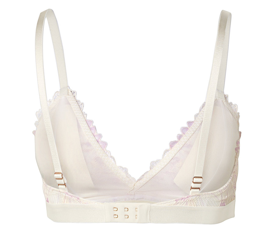 Vue arrière d'un soutien-gorge blanc avec des détails violets et des bretelles réglables.