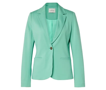 Blazer vert menthe avec col à revers, fermeture à un bouton et poches à rabat.