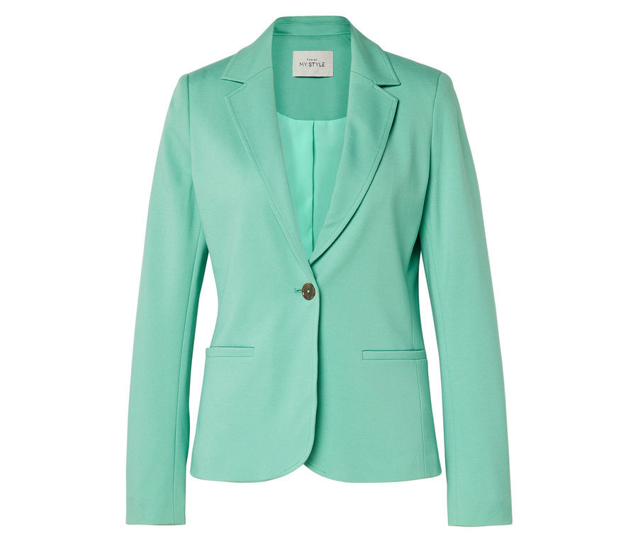 Blazer vert menthe avec col à revers, fermeture à un bouton et poches à rabat.