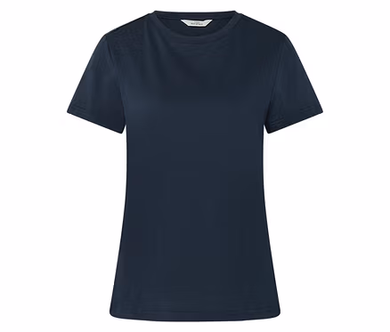 T-shirt bleu foncé à manches courtes et col rond, présenté à plat sur fond blanc.