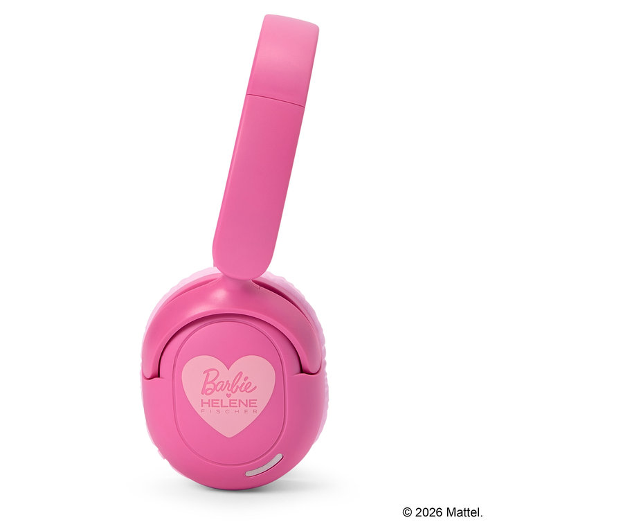 Casque rose Barbie avec le logo Helene Fischer sur fond blanc.