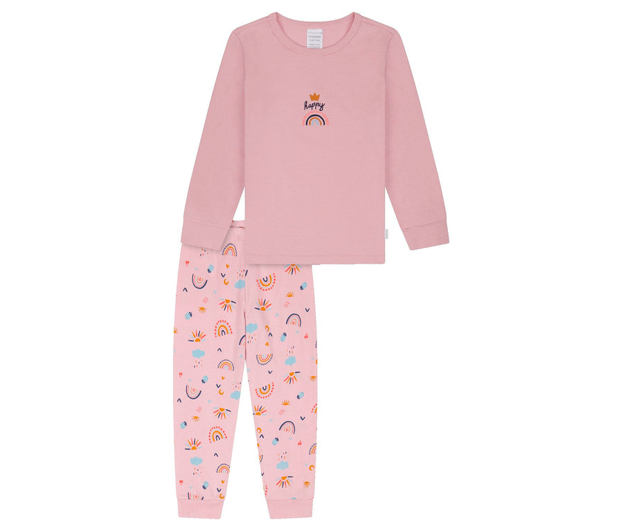 Ensemble de pyjama rose à motif arc-en-ciel, composé d'un haut à manches longues et d'un pantalon long.