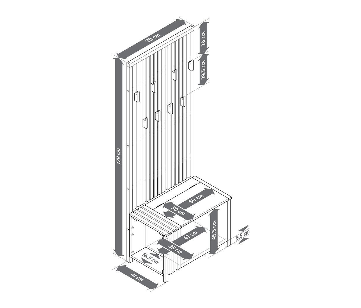 Image d'une garde-robe avec banc, aspect lamellé, et indications de taille.