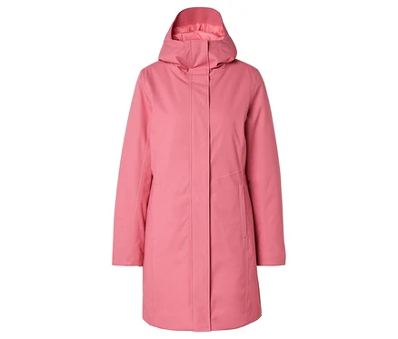 Long manteau rose à capuche pour femme.