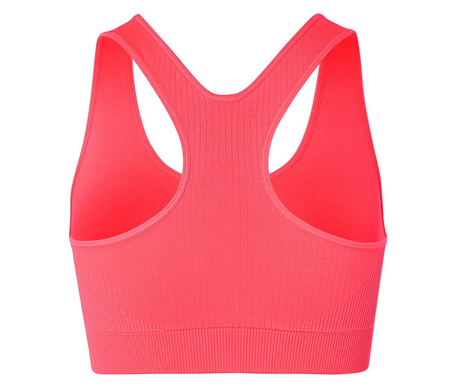 Vue arrière d'une brassière de sport côtelée corail avec dos nageur.