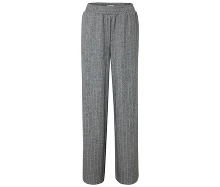 Pantalon en tissu gris rayé avec taille élastique, sur fond blanc.