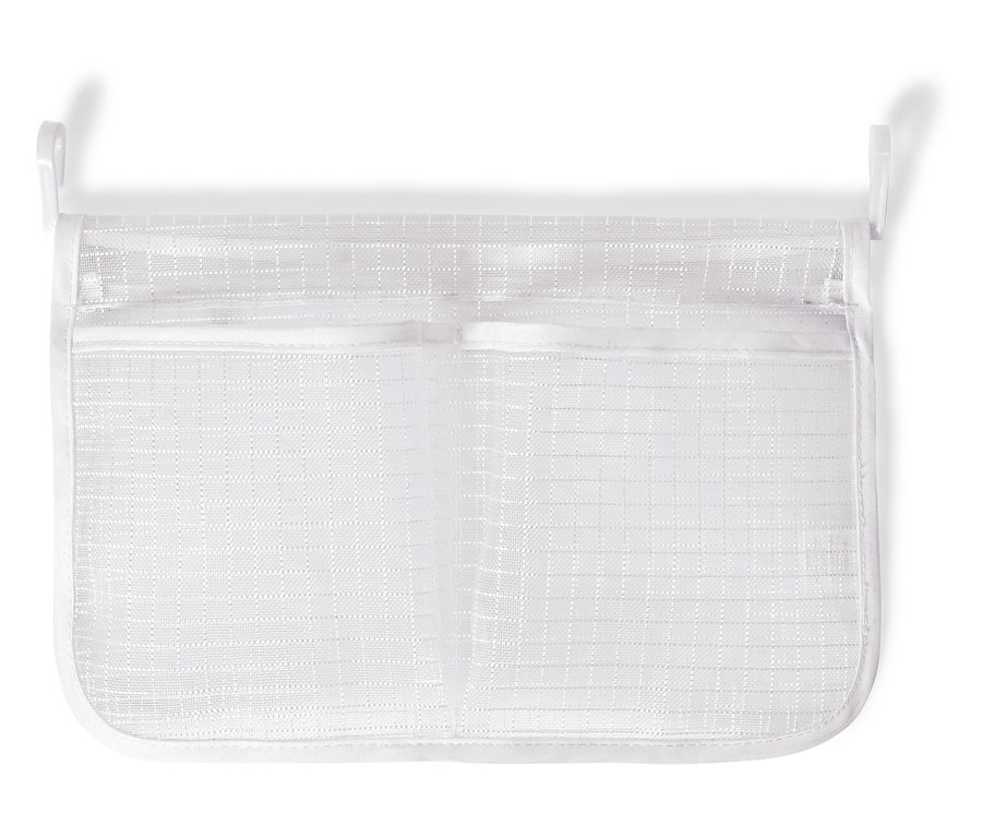 Un sac de rangement blanc transparent à deux compartiments suspendu à deux crochets blancs.