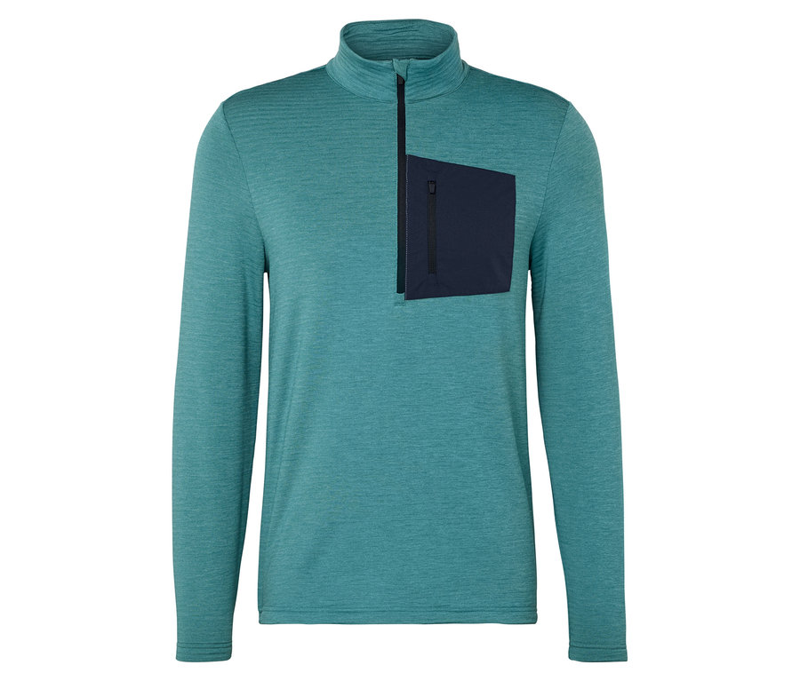 Haut turquoise chiné à manches longues avec fermeture éclair courte et poche bleu foncé sur la poitrine gauche.