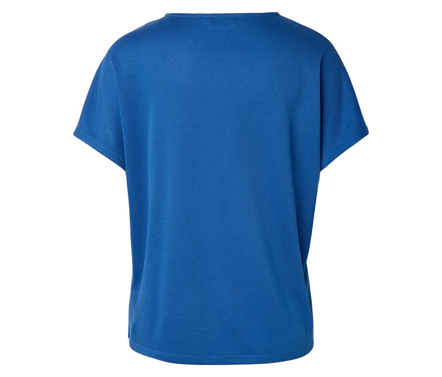 Vue arrière d'un t-shirt bleu à manches courtes.