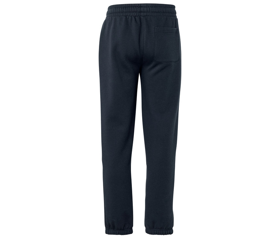 Vue arrière d'un pantalon de survêtement bleu marine avec une taille élastique et une poche arrière.