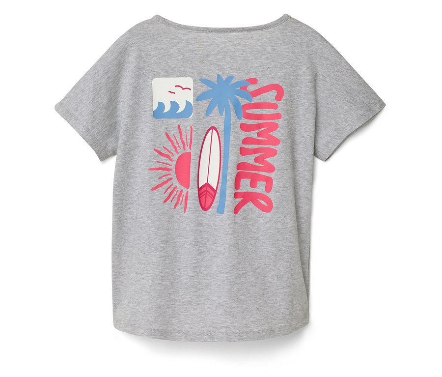 T-shirt gris avec graphisme soleil, vague, palmier, planche de surf et le mot "SUMMER".