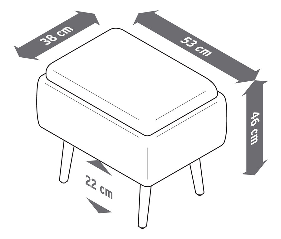 Image d'un tabouret avec espace de rangement et dimensions.