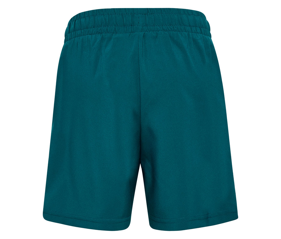 Vue arrière d'un short turquoise avec une taille élastique sur fond blanc.