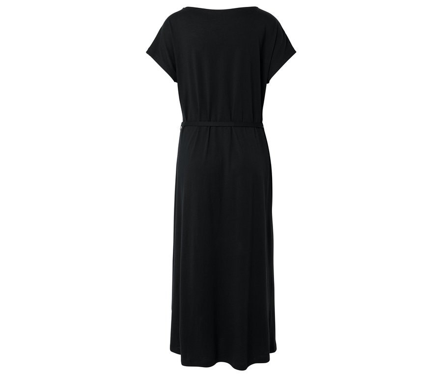 Robe maxi noire à manches courtes et ceinture à la taille, vue de dos.