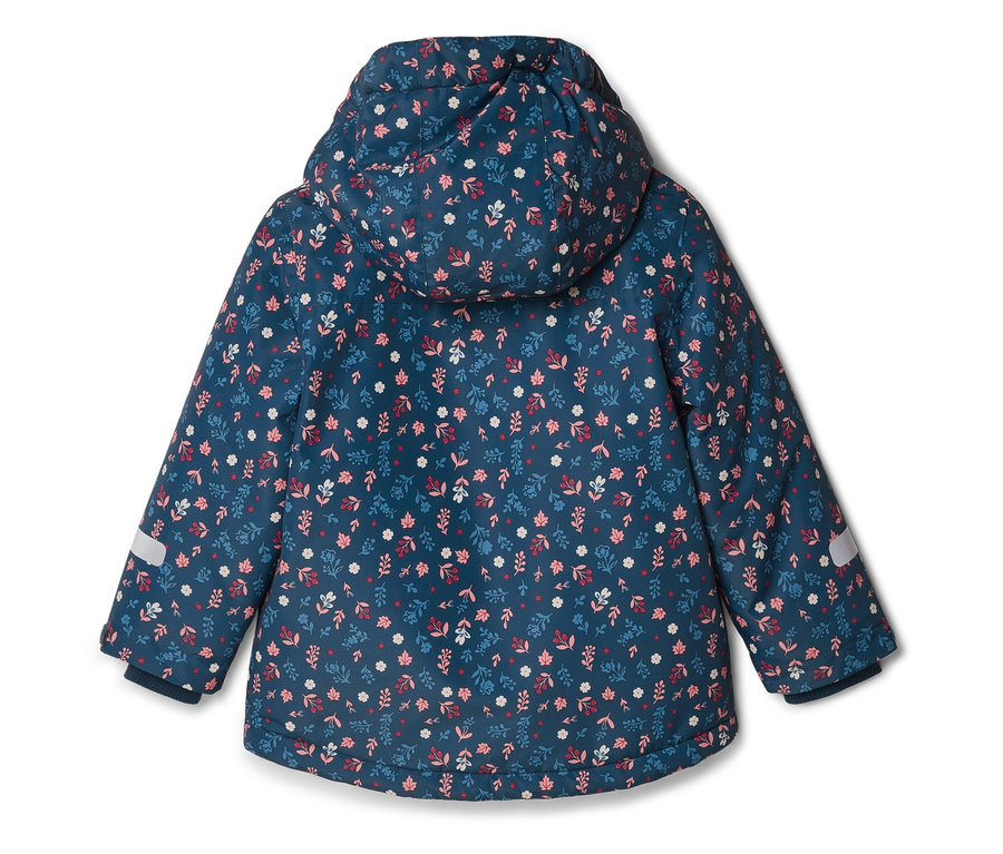 Vue arrière d'une veste bleu marine à motifs floraux avec capuche.