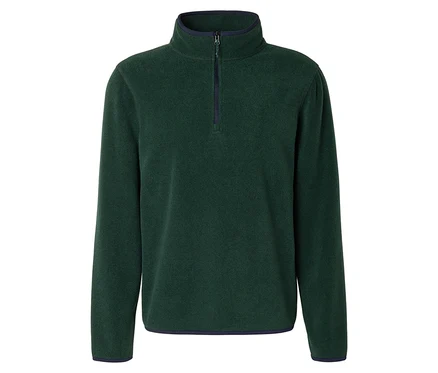 Pull en polaire vert foncé avec fermeture éclair courte et col montant.