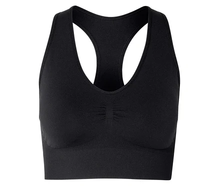 Soutien-gorge de sport noir avec dos nageur et bande inférieure côtelée.