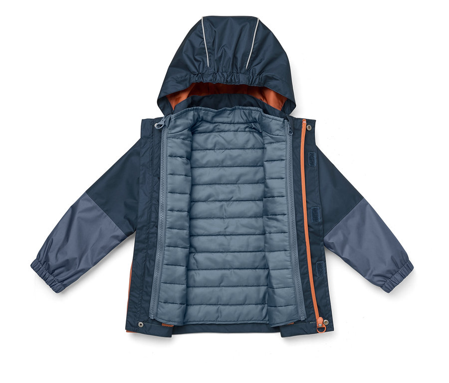 Veste ouverte bicolore bleu marine avec capuche, fermeture éclair orange et doublure.