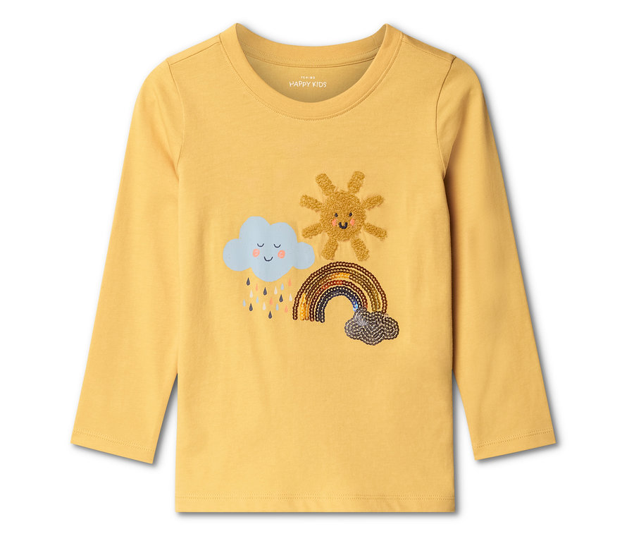T-shirt jaune à manches longues avec application nuage, soleil et arc-en-ciel.