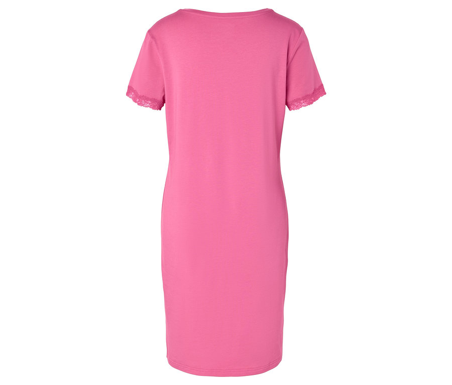 Vue arrière d'une chemise de nuit rose avec bordure en dentelle aux manches.