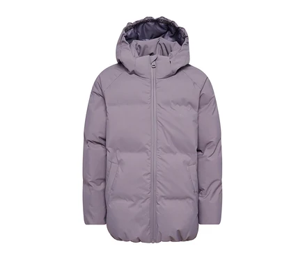 Veste matelassée hummel® « HMLJR All Weather » mauve avec capuche, fermeture éclair et poches.