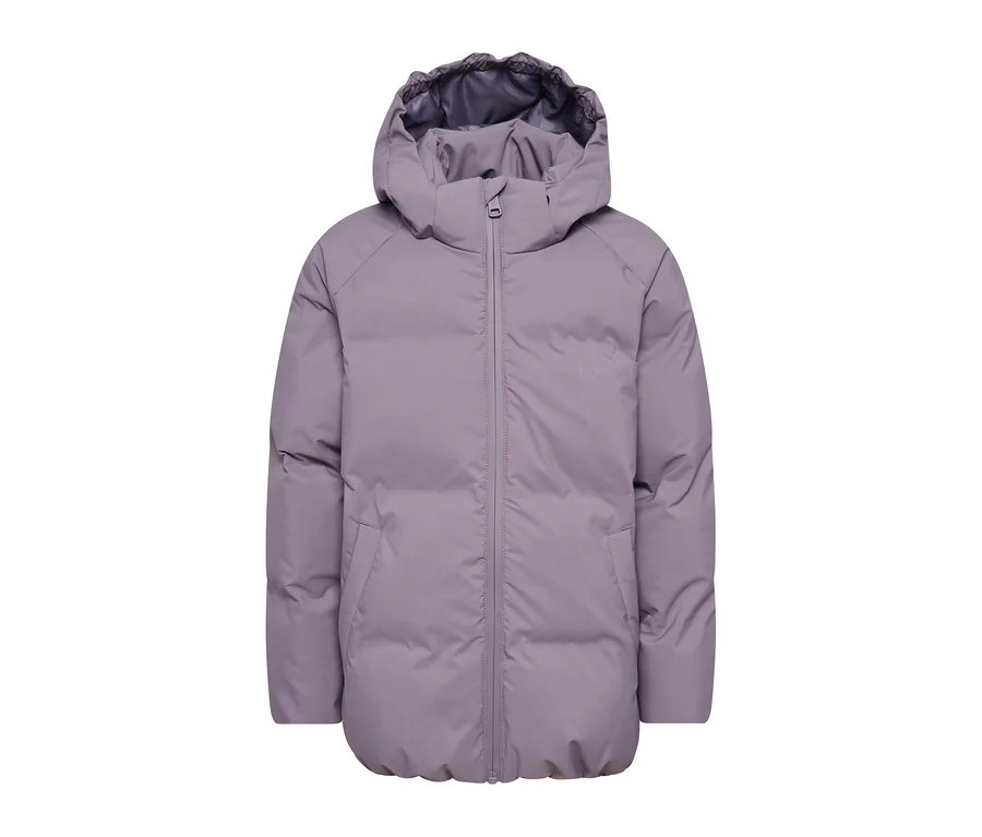 Veste matelassée hummel® « HMLJR All Weather » mauve avec capuche, fermeture éclair et poches.
